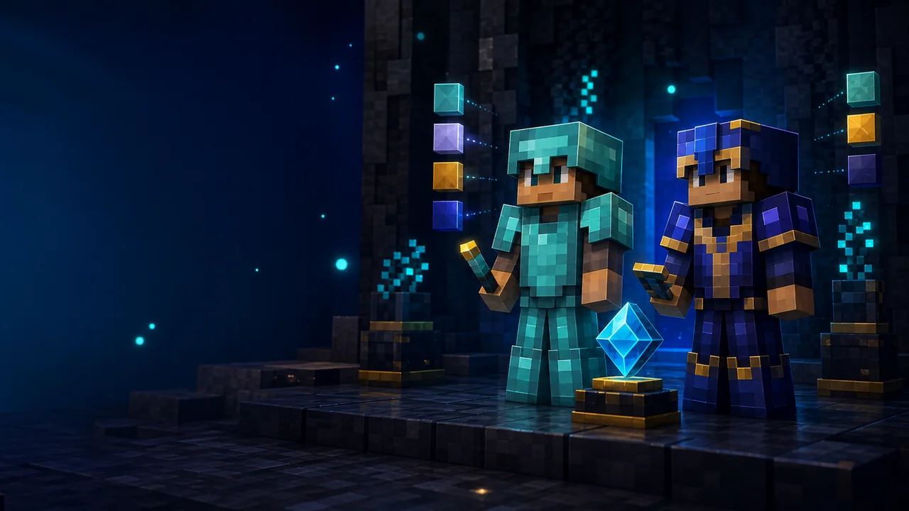 Two Minecraft-style players beside color swatches and a message crystal