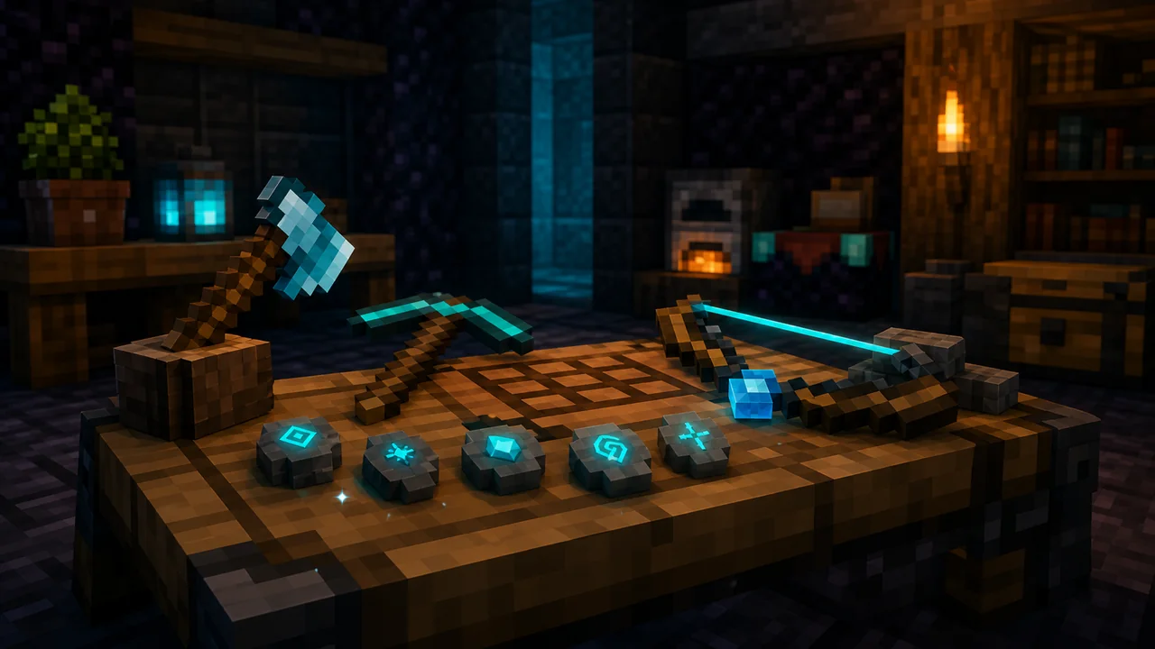 Minecraft-style tools and glowing runes on a crafting table